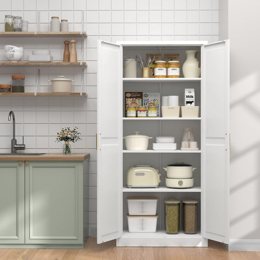71" Kitchen Pantry Cabinet, Pantry Storage Cabinet with Doors and 4 Shelves, Metal Storage Cabinets for Kitchens, Living Room, Dinning Room, Assembly Required, White