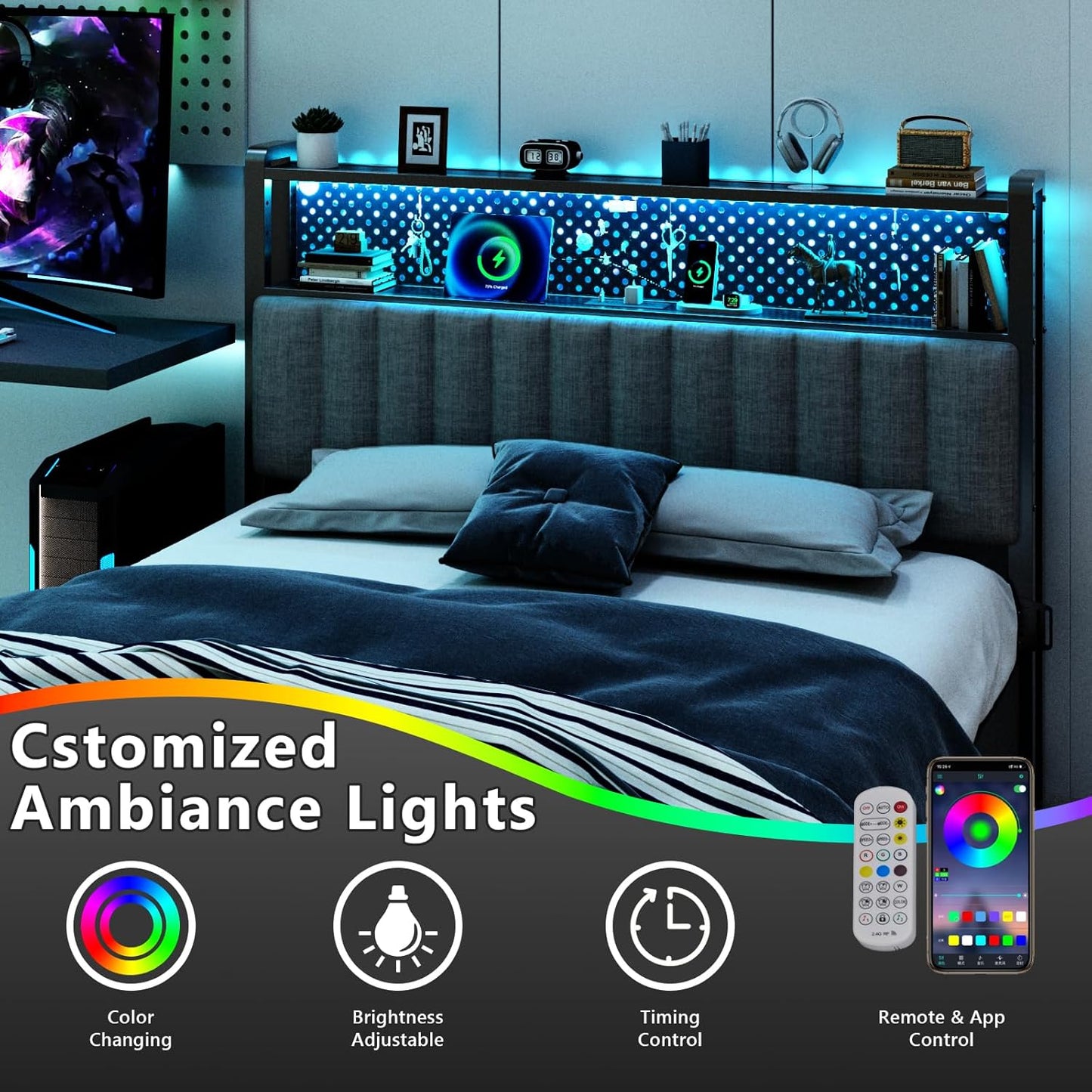 King Size Headboard Only, Adjustable Upholstered Headboard with 2 Tier Shelves and Pegboard with Charging Stations and LED Lights, Modern Bed Headboard with Storage for Bedroom Decor