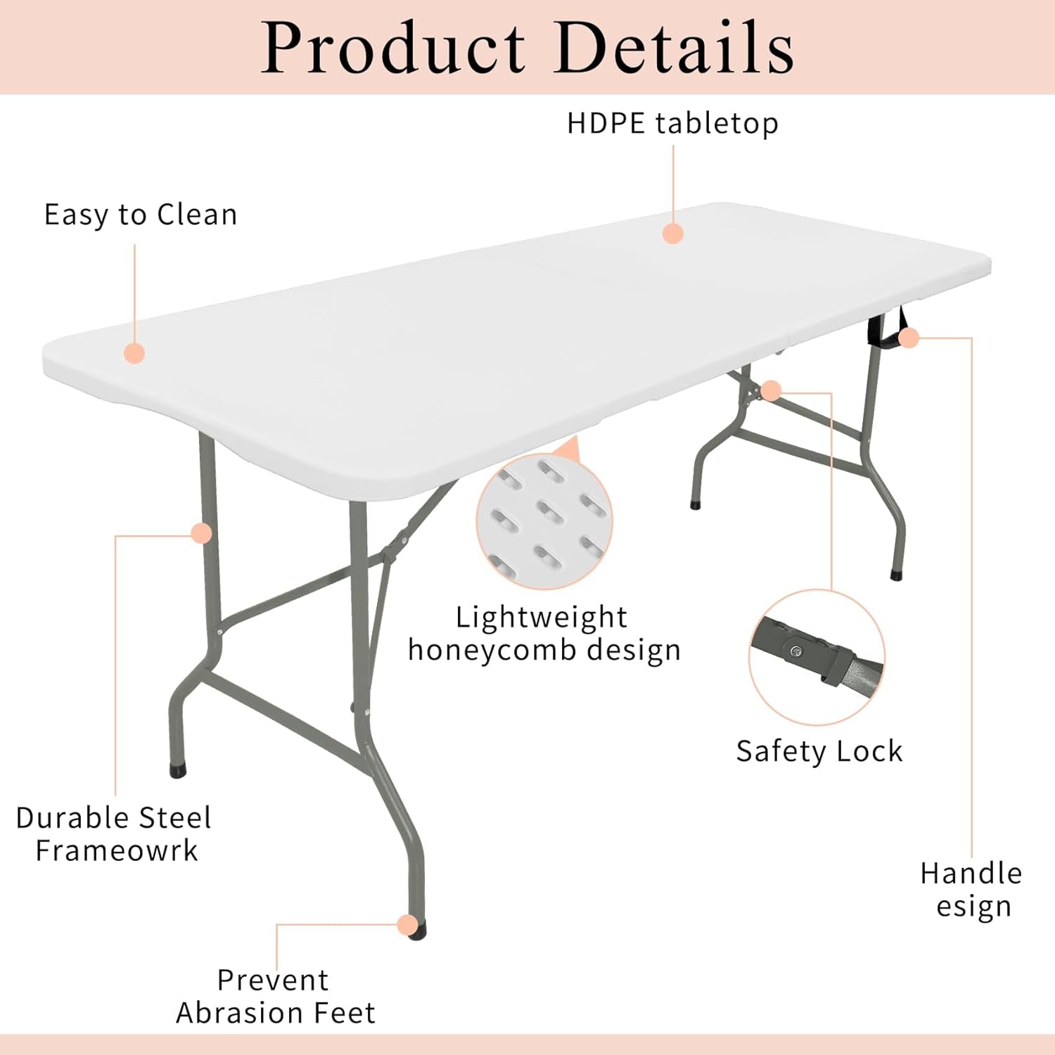 Set of 2 Folding Tables with Carrying Handle Lightweight Rectangular Portable Plastic Camping Table Steel Legs for Party, Dining, Wedding, Events, Picnic Indoor, Outdoor (6FT, White)