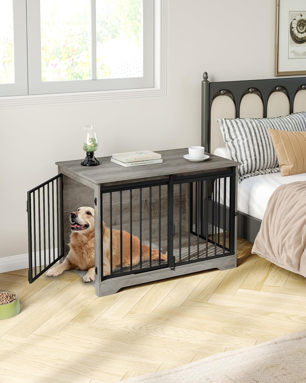 27.2" Dog Crate Furniture with Barn Door, Heavy Duty Dog Kennel Indoor with 2 Doors, Wooden Pet Cage End Table for Small Medium Dogs up to 22 Lb, Anti-Chew Anti-Escape, Greige DFC84305B