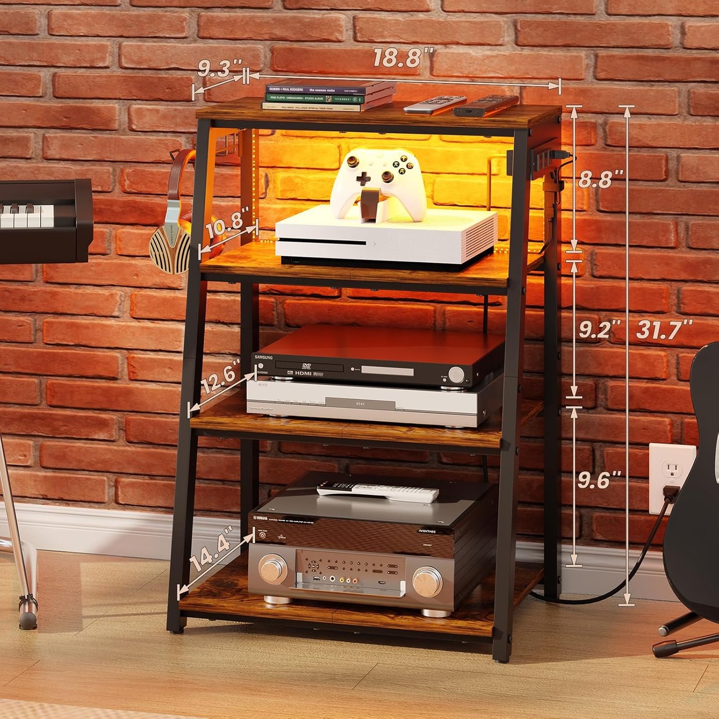 4-Tier AV Media Stand with Power Strips, Heavy Duty Stereo Cabinet Stand with LED Lights, Wooden Record Player Stand with 2 Hooks, Audio Stand Furniture Perfect for DVD Player/Game Console/Tv Box/Xbox