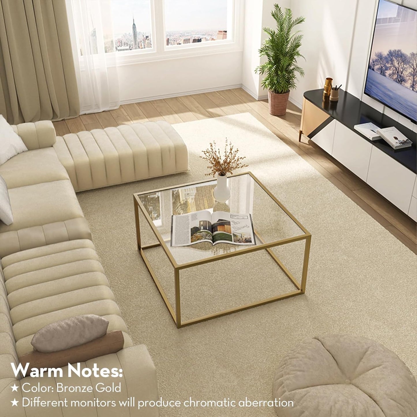 Glass Coffee Table Modern Coffee Tables for Living Room Square Minimalist Center Tables for Home Office 26.7 X 26.7 X 17.7, Gold