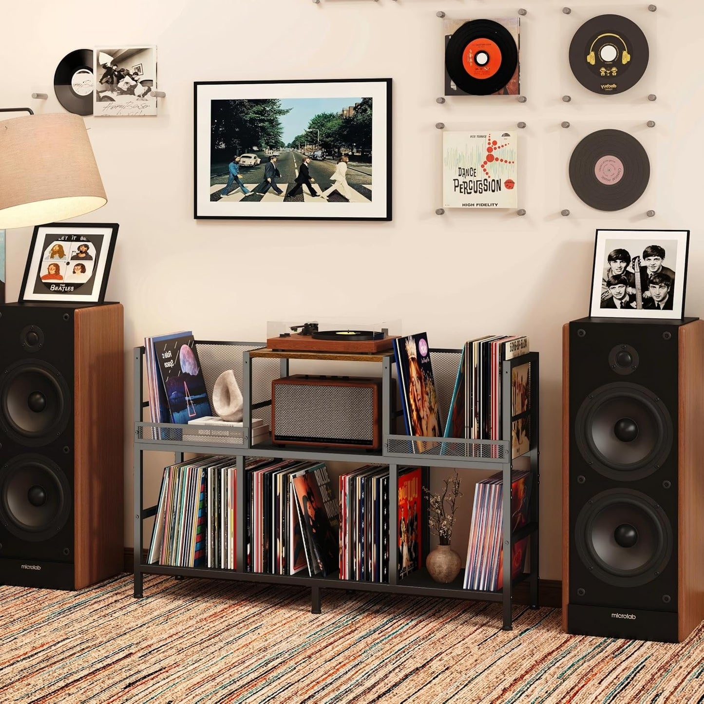 Record Player Stand, Turntable Stand with 3-Compartment Vinyl Storage Cabinet, Holds 300+ Albums, Sturdy Record Player Table for Living Room & Music Room