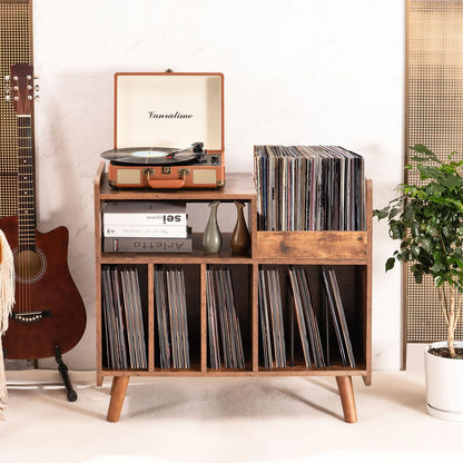 Record Player Stand, Large Record Player Table Cabinet with Open Vinyl Storage and Display Shelf Holds up to 350 Albums, Mid Century Wood Turntable for Living Room, Bedroom (Brown)