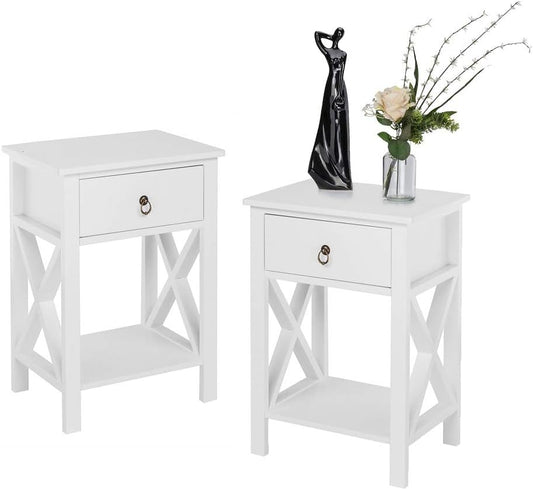 Nightstands Set of 2, Night Stand Set of 2 with Drawer, Small White Farmhouse Nightstand Bedroom, End Table/Bed Side/White Side Table for Small Spaces, Kids Room, Living Room