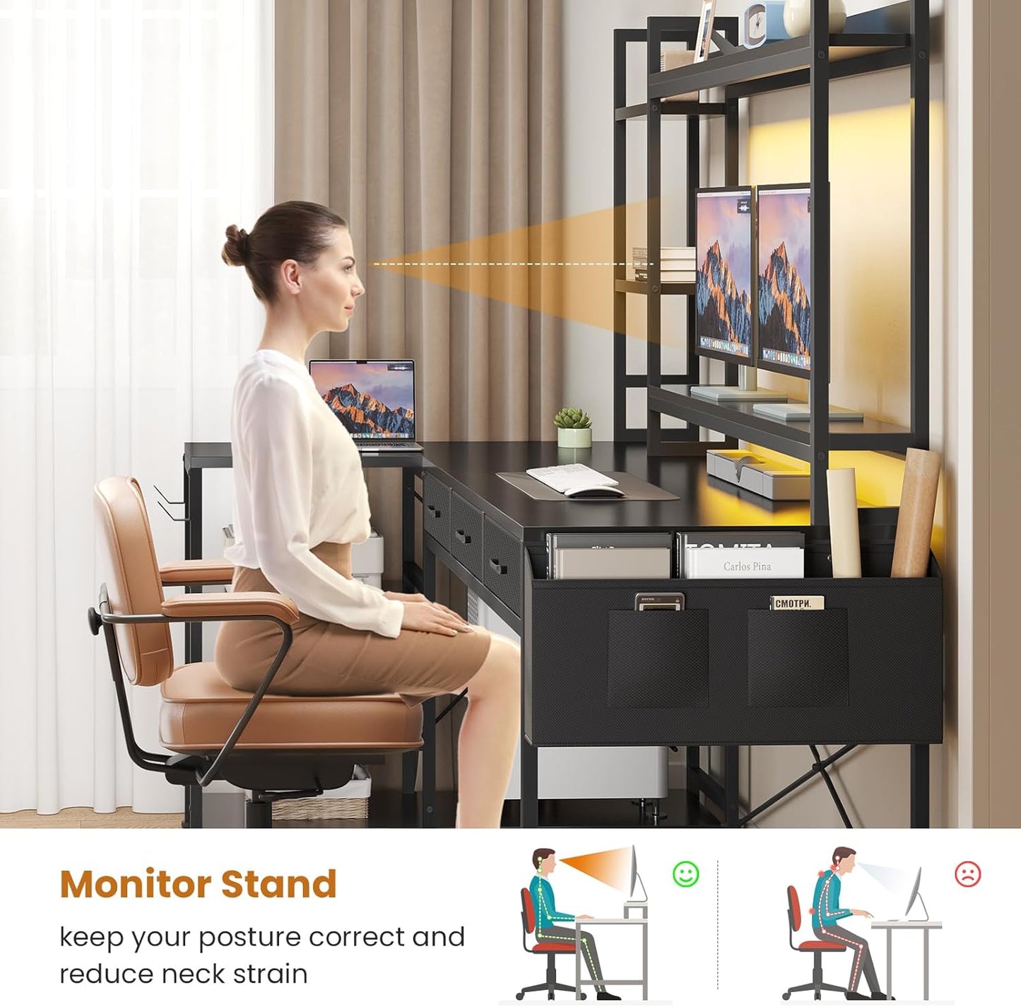 55" L Shaped Gaming Desk, Gaming Desk with Hutch & Drawers, Corner Computer Desk with Shelves and Storage, Reversible L Shaped Desk with LED Lights, Power Outlets, Monitor Stand, Black