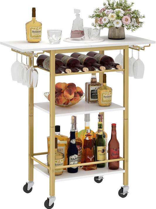 Bar Cart, Home Bar Serving Cart, 3 Tier Mobile Drink Beverage Cart, Rolling Kitchen Shelf with Wine and Glass Holder, for Dinning Room, Living Room, Kitchen