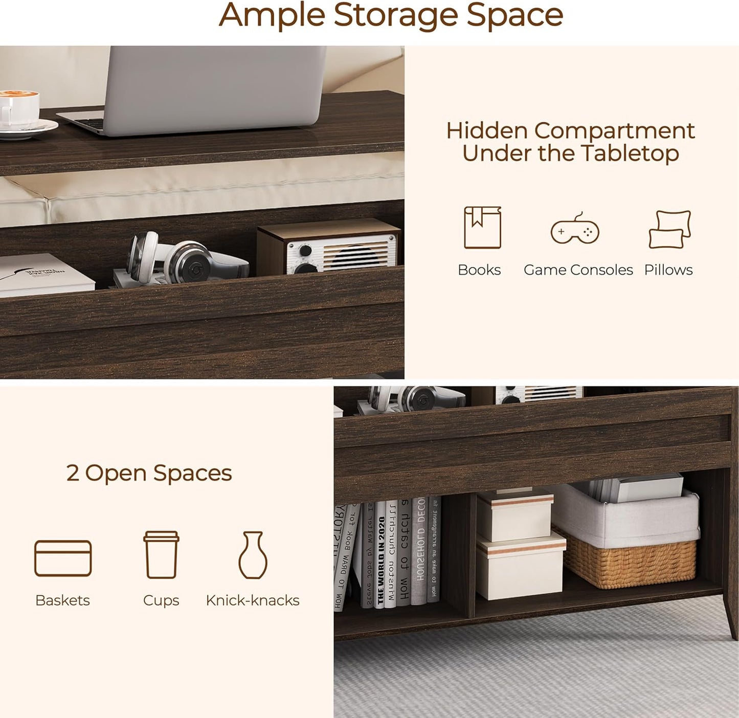 Lift Top Coffee Table with Hidden Storage Compartment & 2 Open Shelves, Rising Tabletop Pop up Center Table for Living Room Reception Room, 47.5'' L, Espresso