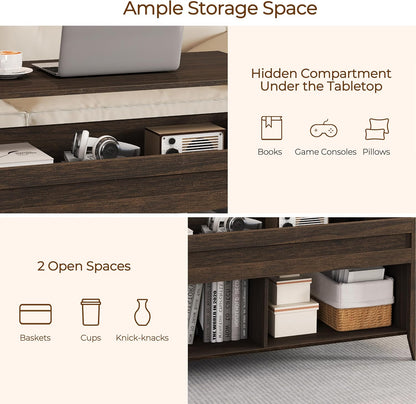 Lift Top Coffee Table with Hidden Storage Compartment & 2 Open Shelves, Rising Tabletop Pop up Center Table for Living Room Reception Room, 47.5'' L, Espresso