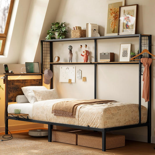 Twin Size Metal Bed Frame with Headboard, Multifunctional Storage, Built-In LED Lights, Charging Station, Bookshelf, Bedside Shelf, Space-Saving, No Box Spring Needed, Rustic Brown URMB963K02