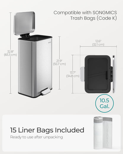 Kitchen Trash Can, 10.5 Gallon (40 L) Garbage Can, Large Step Trash Bin with Lid, Stainless Steel, Soft Close, 15 Trash Bags Included, Silver ULTB540E40