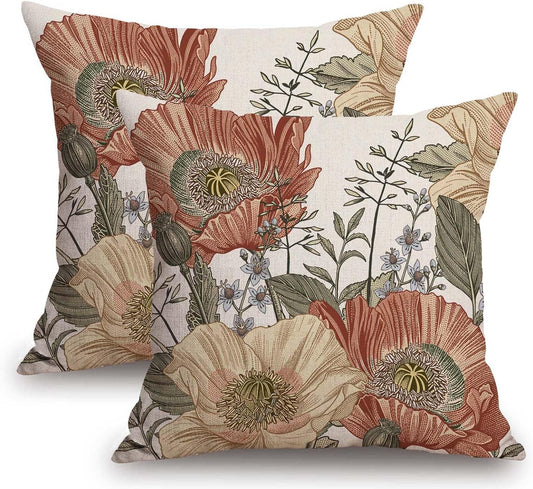 Vintage Flower Throw Pillow Covers 18X18 Brown Rust Colored Floral Botanical Pattern Decorative Pillows Outdoor Linen Farmhouse Cushion Case Country Pillowcase for Sofa Bed Room Decor Set of 2