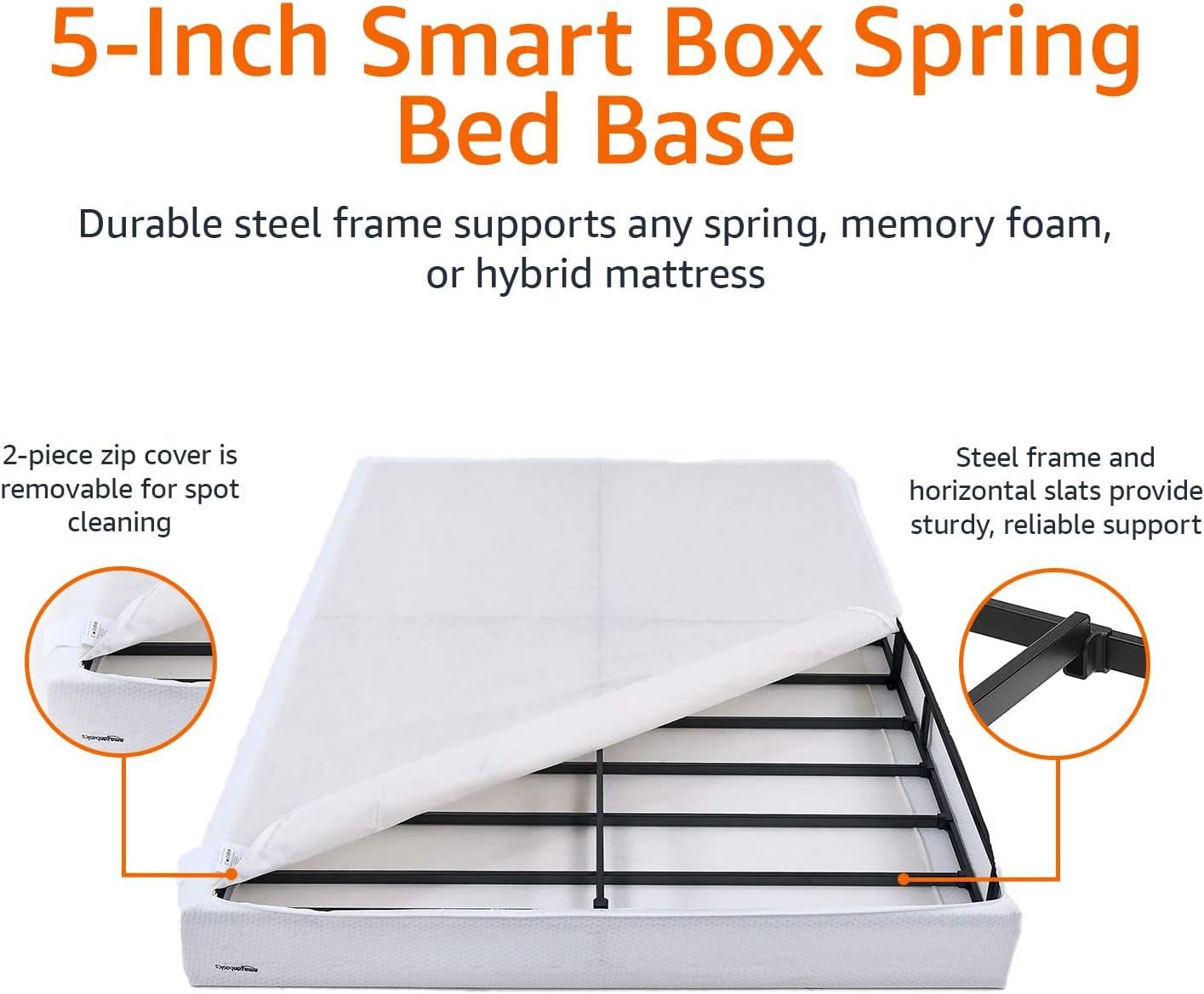 Smart Box Spring Bed Base, 5-Inch Height Mattress Foundation, Tool-Free Easy Assembly, Metal Support, Full, 74" X 53"