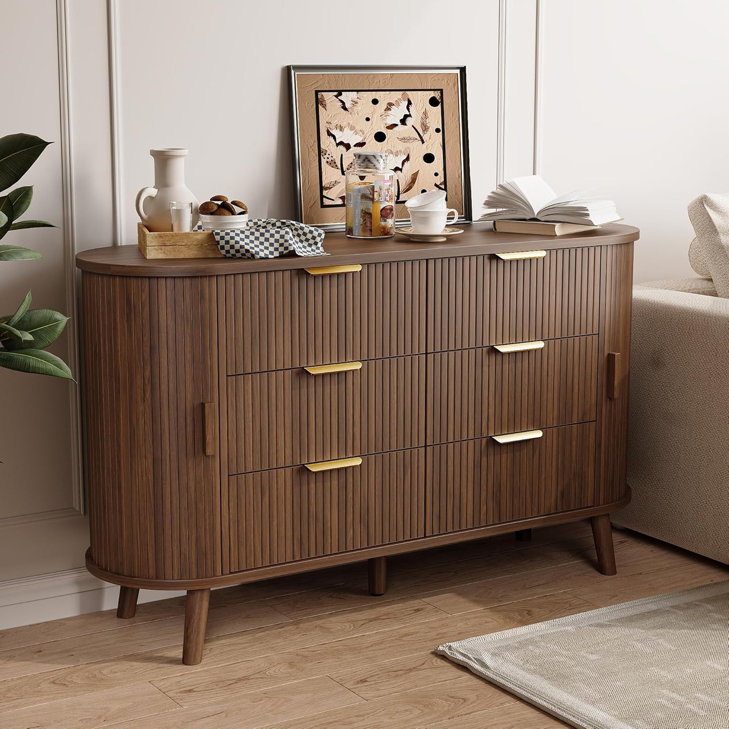 Fluted 6 Drawers Dresser, 55'' Wide Mid Century Modern Chest of Drawers with Sliding Door & Metal Handles, Curved Profile & Sturdy Legs, Wood TV Stand for Bedroom, Living Room (Walnut)