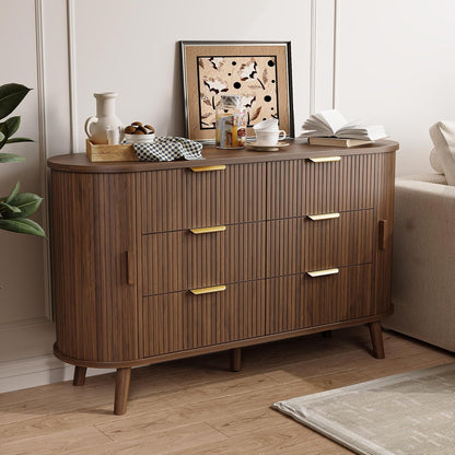 Fluted 6 Drawers Dresser, 55'' Wide Mid Century Modern Chest of Drawers with Sliding Door & Metal Handles, Curved Profile & Sturdy Legs, Wood TV Stand for Bedroom, Living Room (Walnut)