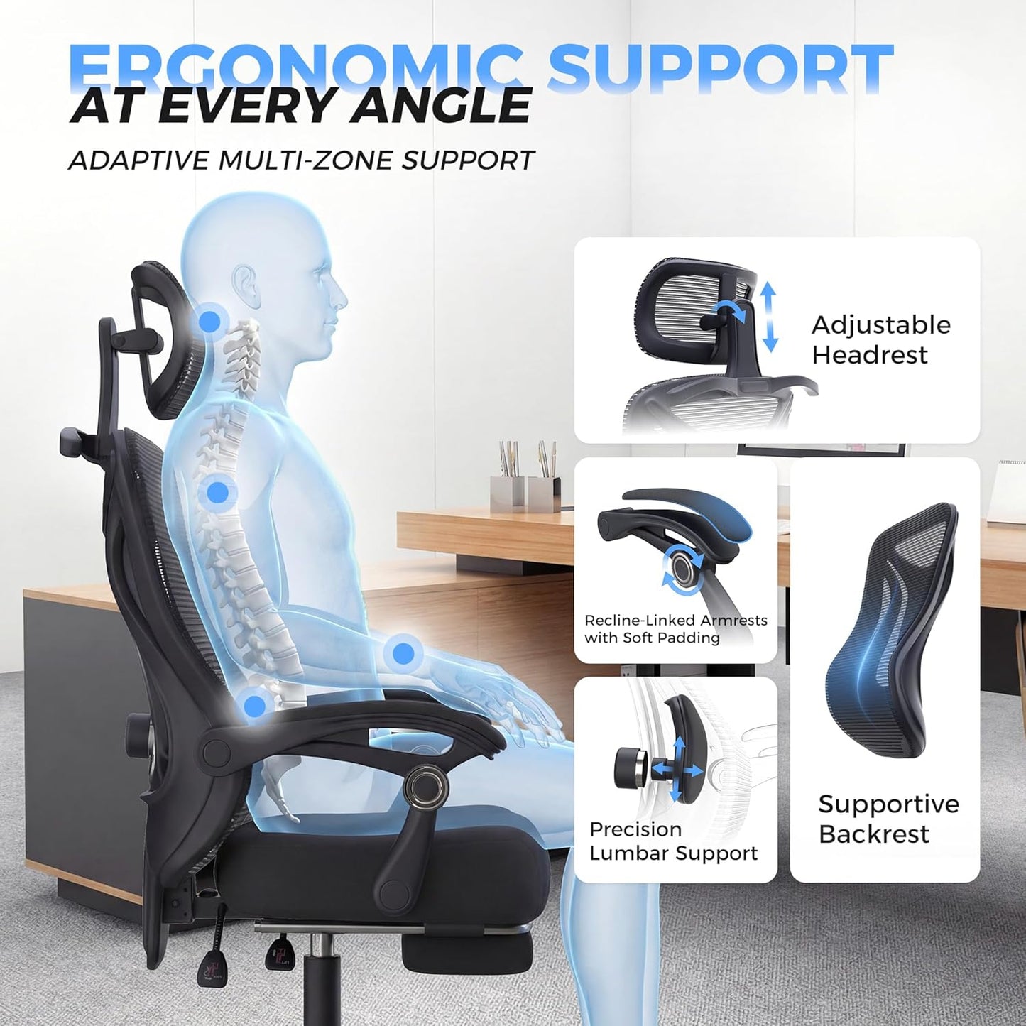 Ergonomic Office Chair with Footrest - Adjustable Lumbar Support & Headrest, 90-160° Reclining Mesh Back Computer Chair - Home Office/Gaming, 350Lbs Capacity