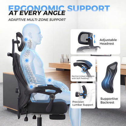 Ergonomic Office Chair with Footrest - Adjustable Lumbar Support & Headrest, 90-160° Reclining Mesh Back Computer Chair - Home Office/Gaming, 350Lbs Capacity