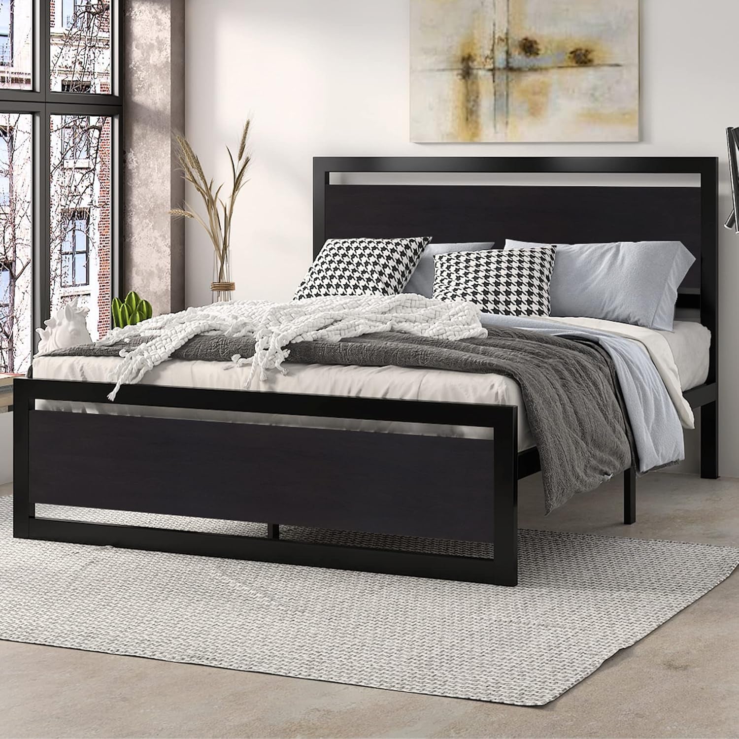 Queen Size Bed Frame with Modern Headboard, Heavy Duty Platform Metal Base with Square Footboard and 13 Strong Slats Support, No Box Spring Needed, Black