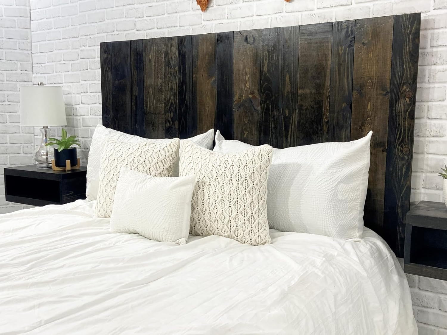 - King Size Headboard, Solid Wood Wall-Mounted Panels, Black Barrel Stain with Natural Wood Grain Variation, Rustic Modern Design, Durable, Fits King & Adjustable Beds, Bed Headboards