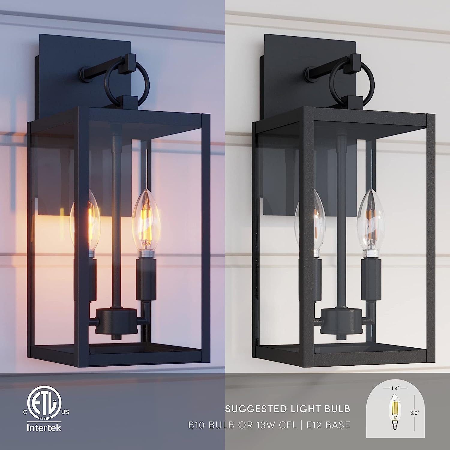 Ferris Outdoor Black Wall Sconce Light Fixture, Porch Lantern for Exterior with Iron Frame and Clear Glass Shade, Black/Clear, Set of 2