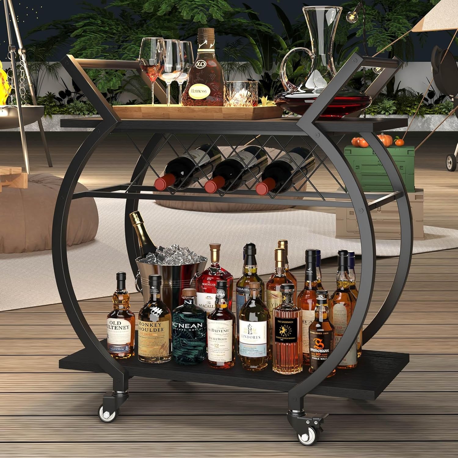 Black Wine Cart with Wheels, Modern Bar Cart with Wine Rack, Industrial Beverage Rolling Kitchen Serving Cart with Storage, Metal Wooden Microwave Drink Liquor Cart for Home Dining Room, Black Oak