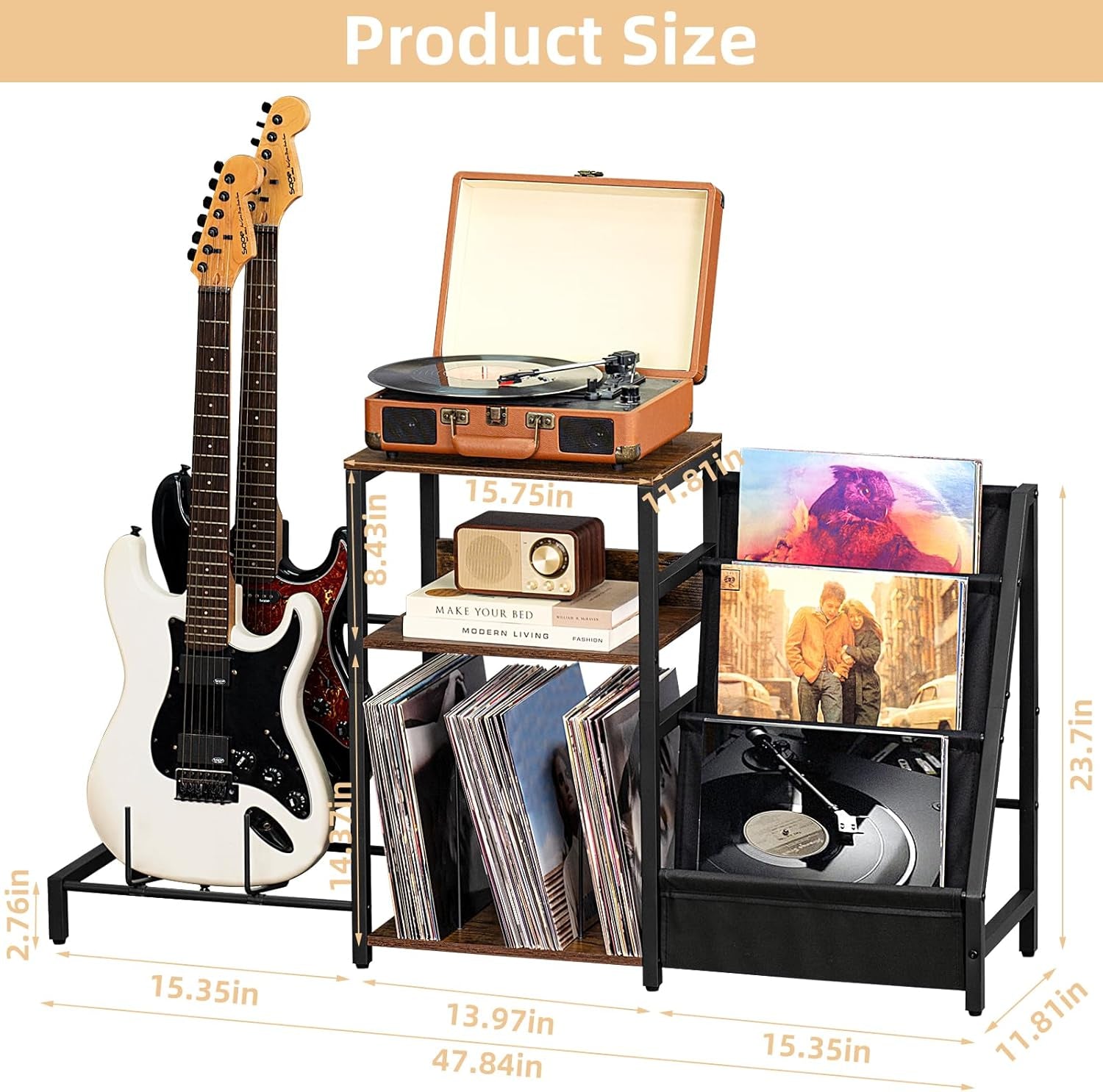Record Player Stand, Adjustable Guitar Stand for Acoustic Guitar, Electric Guitar, Bass, Turntable Stand with Vinyl Display Shelf Storage up to 150 Albums,Brown End Table for Music Room