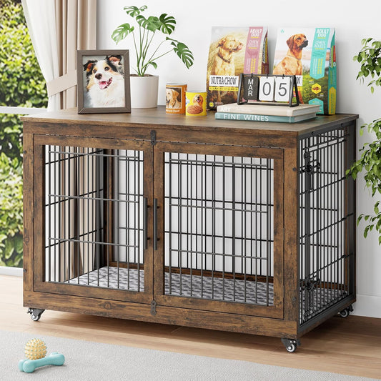 Dog Crate Furniture with Cushion, Wooden Dog Kennel Indoor with Double Doors, Dog Cage with Wheels, Dog House Side End Table for Large Dogs up to 85 Lb, 44" L, Rustic Brown