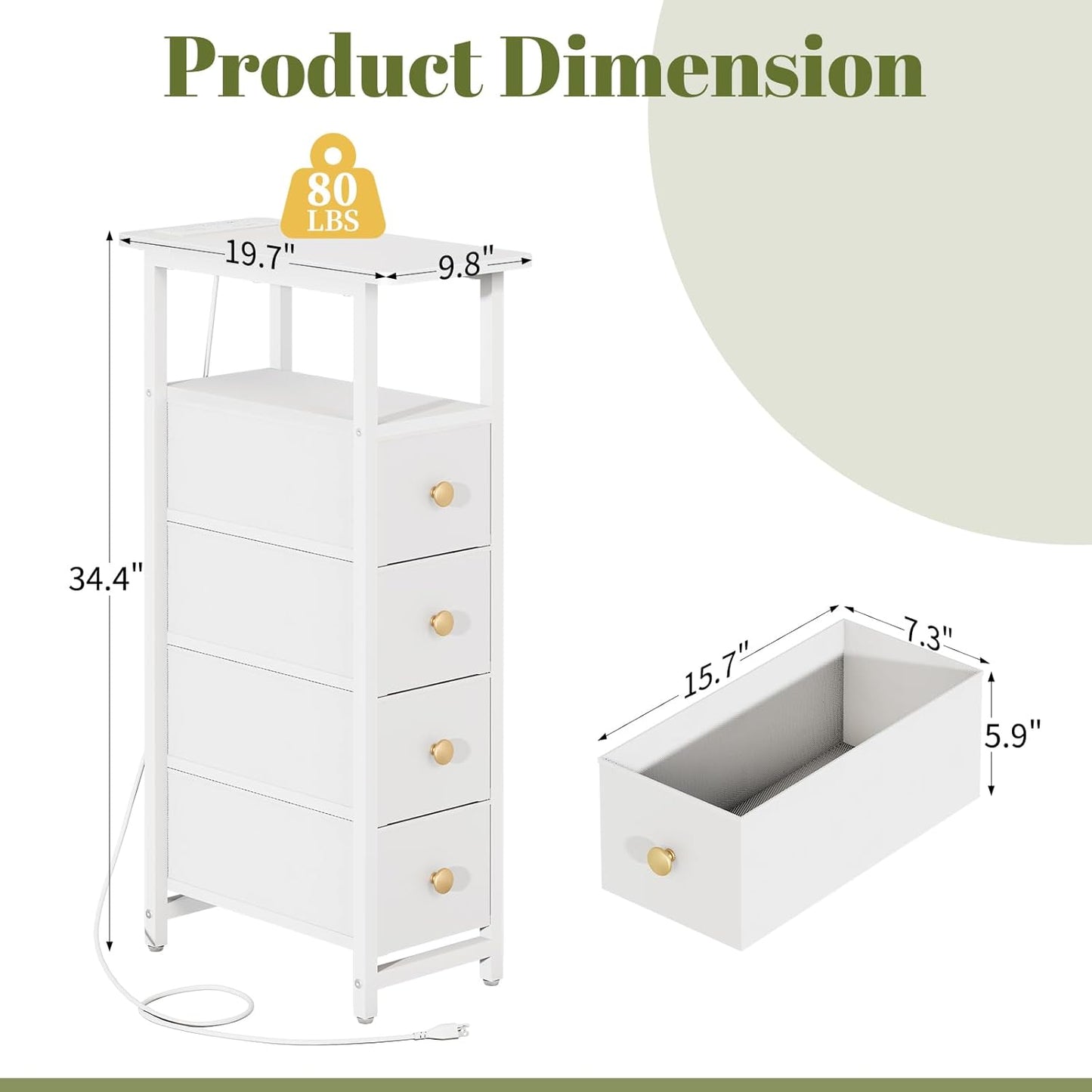 Narrow Dresser for Bedroom, LED Slim Nightstand with Charging Station, Small Dressers Chest of Drawers, Narrow Side Table End Table Tall Skinny Cabinet Night Stand for Small Spaces, White