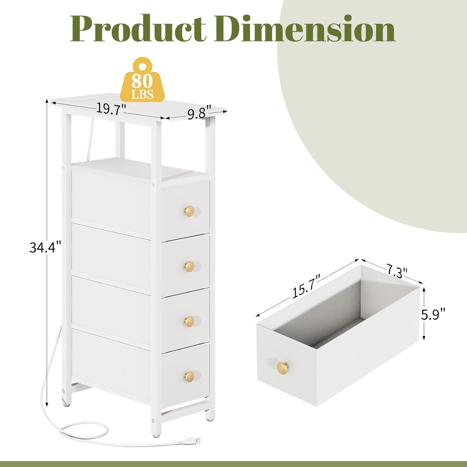 Narrow Dresser for Bedroom, LED Slim Nightstand with Charging Station, Small Dressers Chest of Drawers, Narrow Side Table End Table Tall Skinny Cabinet Night Stand for Small Spaces, White