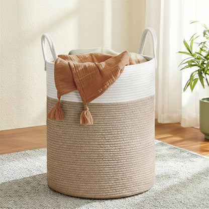 Laundry Hamper, Cotton Rope Laundry Basket with Handles, for Children, Toys, Clothing, Living Room, Bedroom, 21.1 Gallons, 15.7 X 15.7 X 23.6 Inches, White and Grayish Brown URLH062LZ01