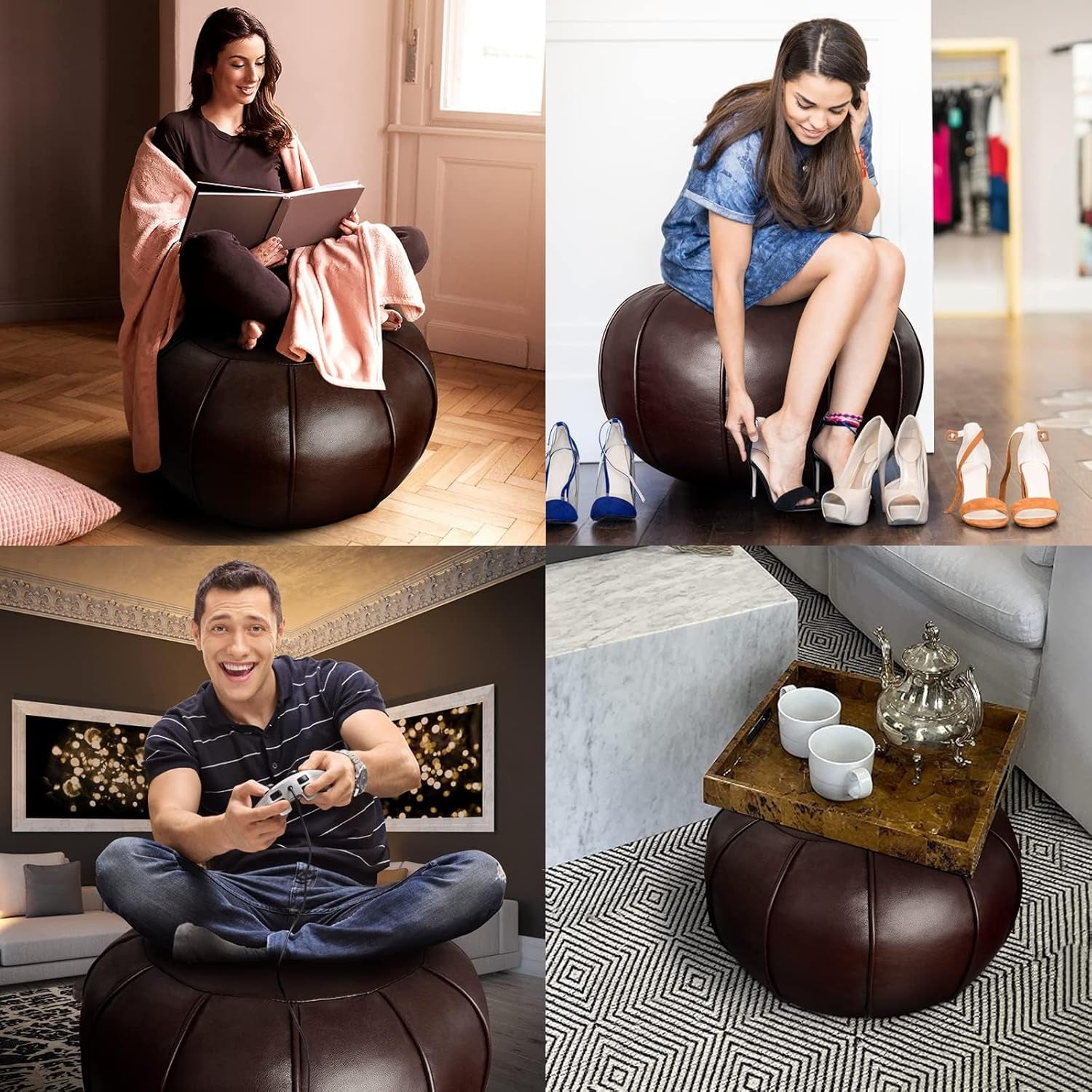 Brown Waterproof Faux Leather Unstuffed Pouf Ottoman, Handmade Moroccan Pouf Cover 21"X13", round Floor Cushion Floor Chair Footstool for Living Room, Bedroom and Wedding (Only Cover)