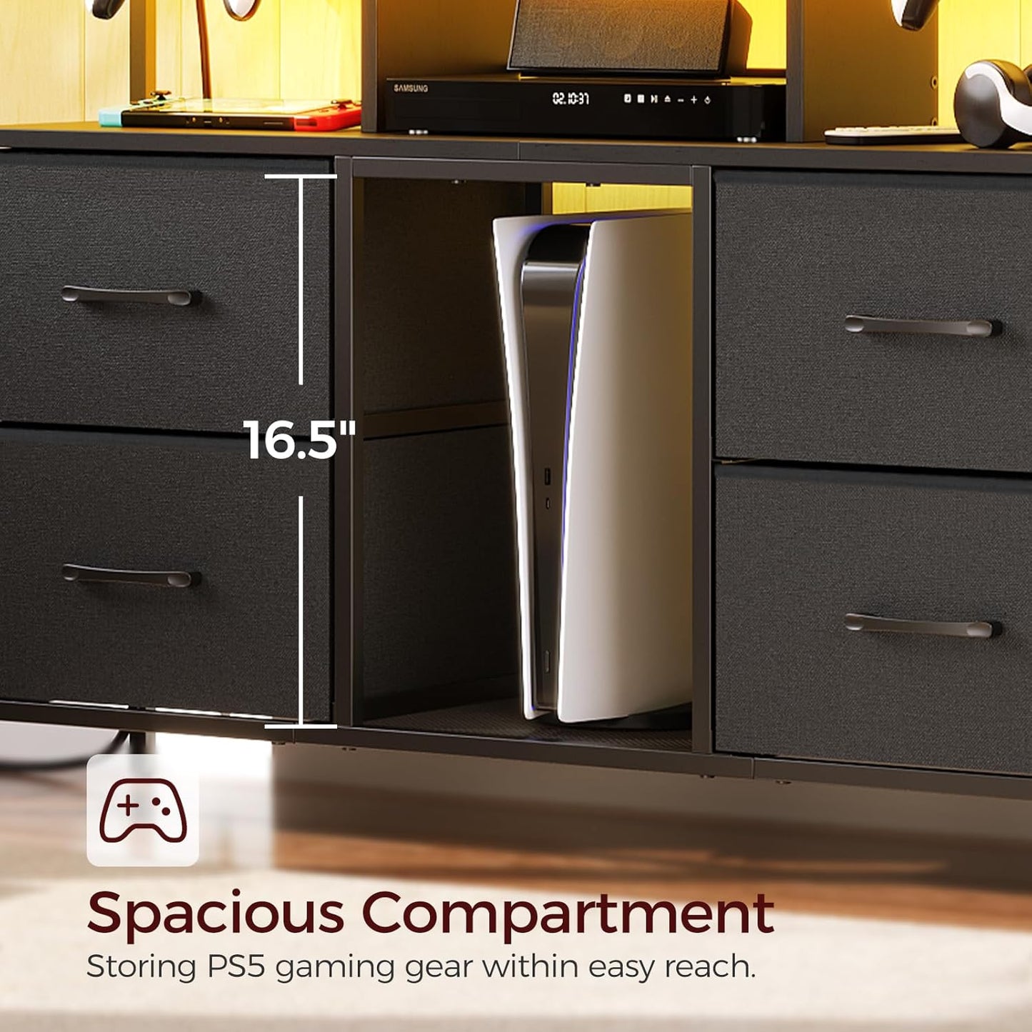 Dresser TV Stand, Entertainment Center with Power Outlets and LED Light, Media Console with Drawers and Open Shelves for 50'' TV, for Living Room, Bedroom, Black TVHB110E01N1