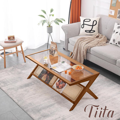 Rattan Coffee Table, Bamboo Accent Bedside Tables, Glass Nightstand Side Table, Boho Wooden End Table with Storage for Living Room,Living Room, Dining Room, Tea, Home Décor