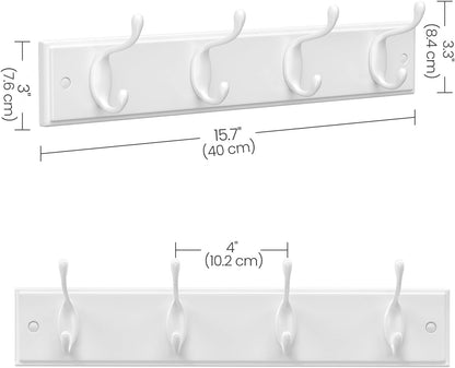 Wall-Mounted Coat Rack, Hook Rack, 4 Dual Metal Hooks, for Coats, Bags, Keys, in the Entryway, Bedroom, Living Room, White ULHR23WT