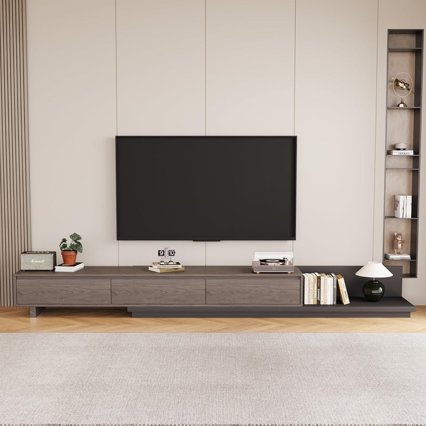 Mid-Century Modern Extendable TV Cabinet with 3 Drawers,Entertainment Center Adjustable from 78.7" to 130",TV Stand for Living Room,Black Walnut