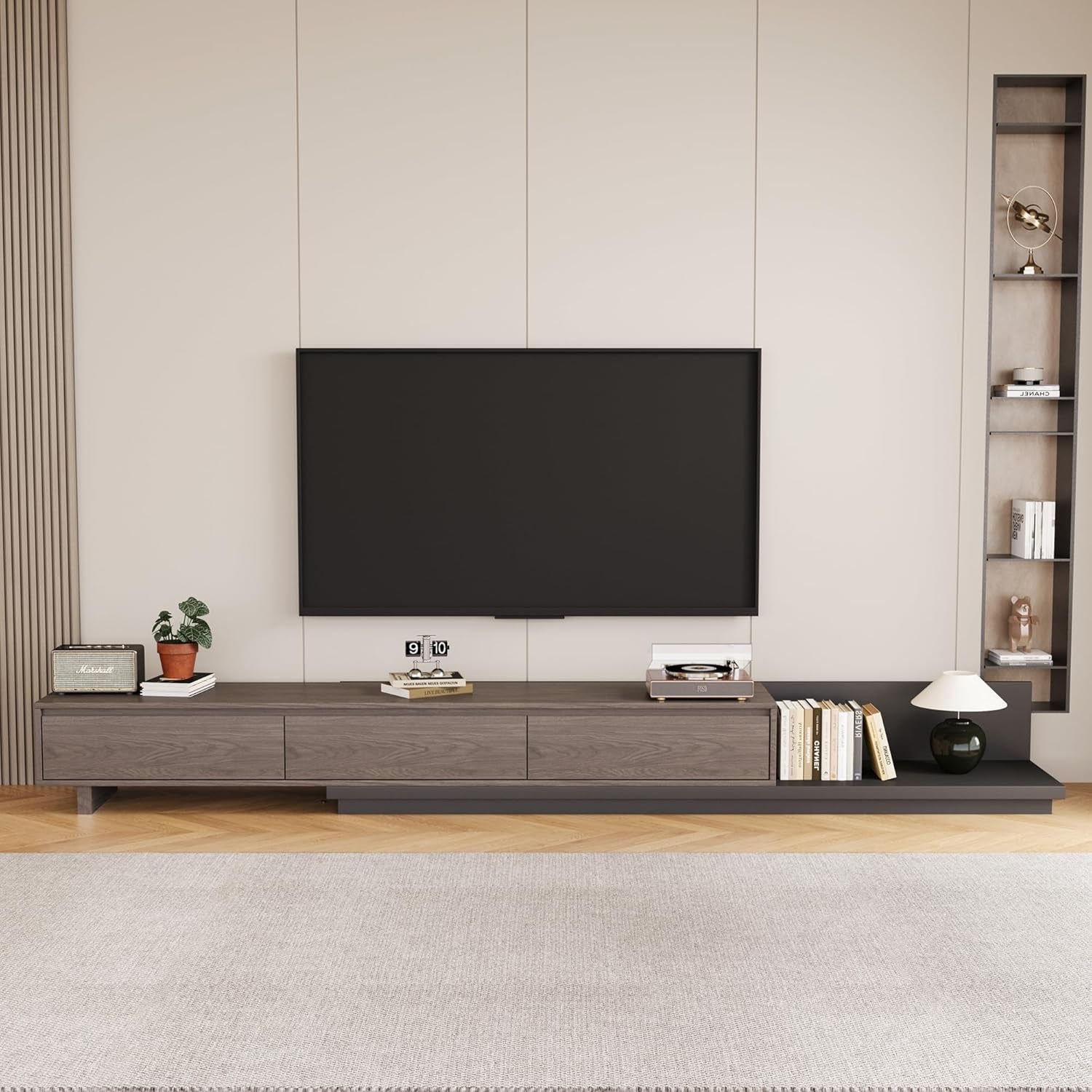 Mid-Century Modern Extendable TV Cabinet with 3 Drawers,Entertainment Center Adjustable from 78.7" to 130",TV Stand for Living Room,Black Walnut