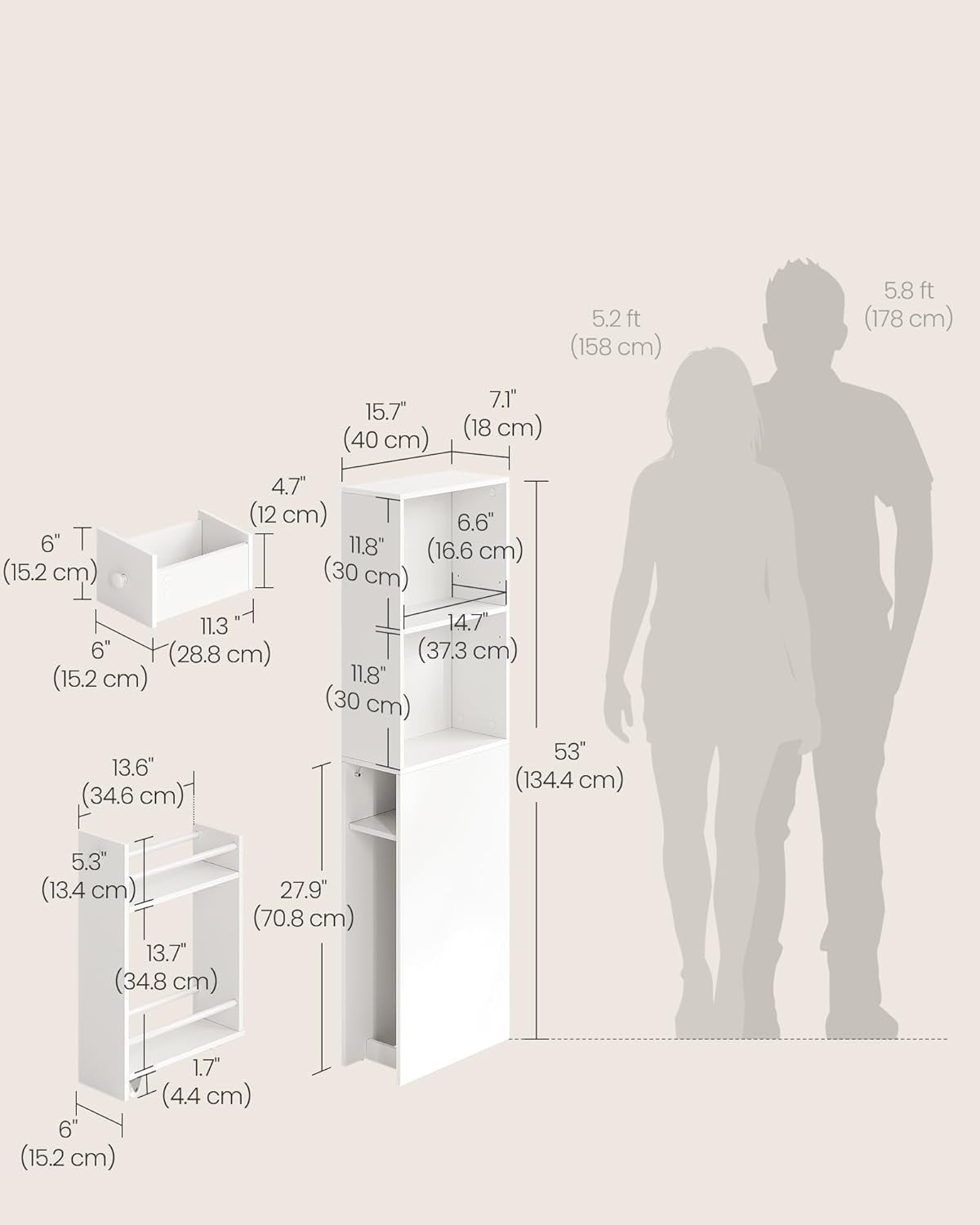 Slim Bathroom Storage Cabinet, Narrow Freestanding Bathroom Cabinet with Storage Drawers and Adjustable Shelf, for Small Spaces, Modern Style, White UBBK567T14
