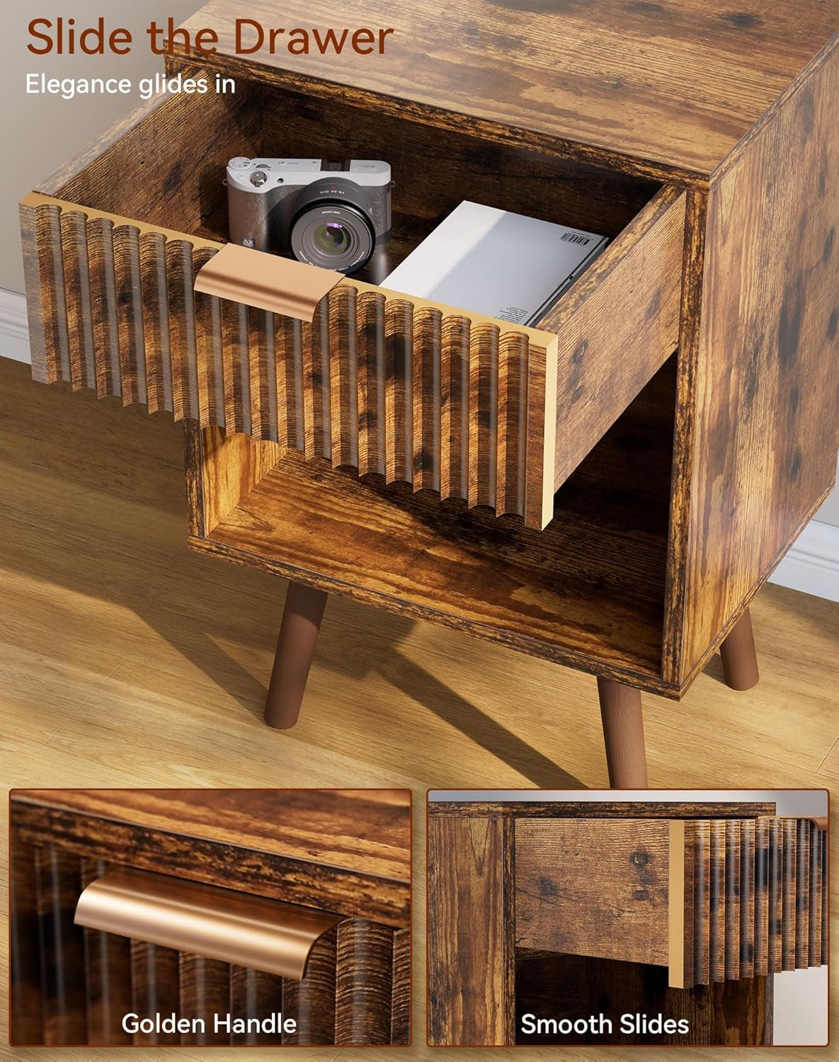 Mid Century Modern Nightstand Set of 2, Side Table with Fluted Drawer, Open Shelf Unit, Golden Handle, Solid Wood Legs, Bedside Table, for Bedroom, Rustic Brown UHST013H-2