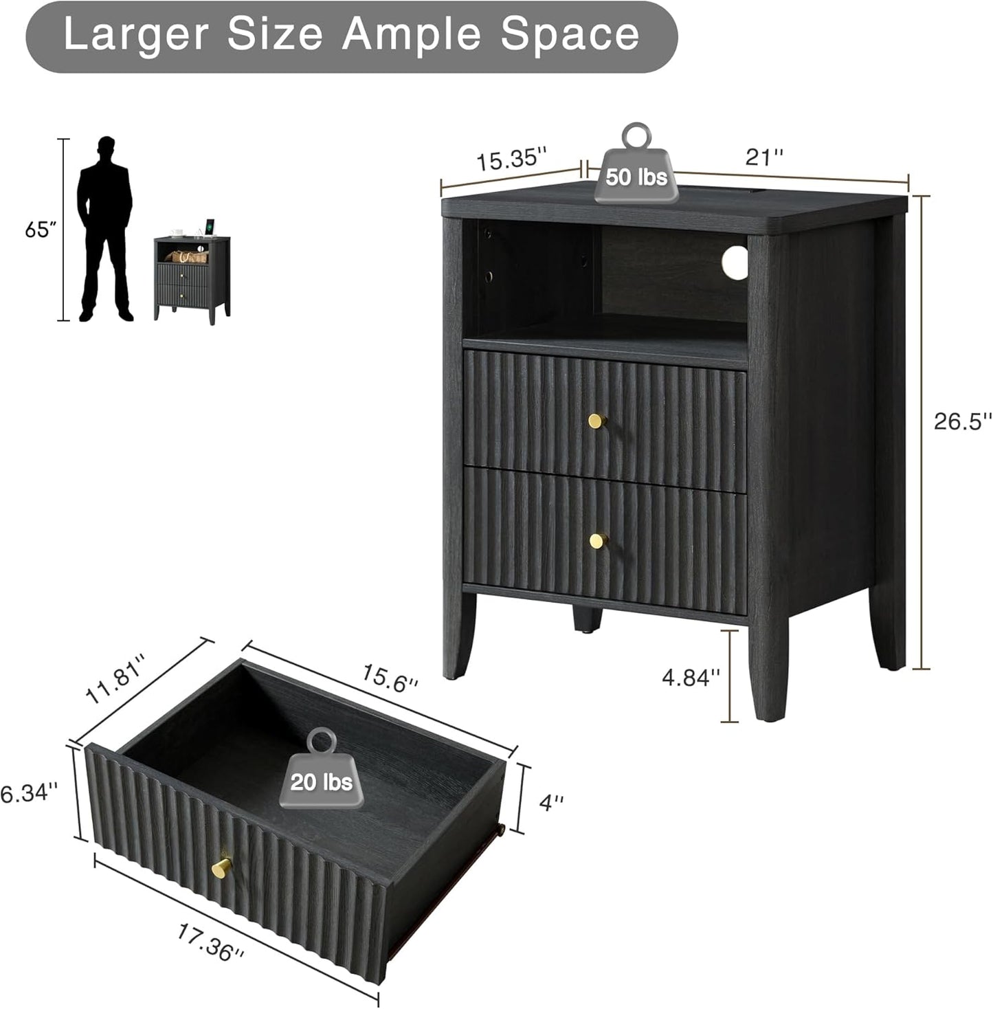 Fluted Nightstand with Charging Station Set of 2, 21" Wide Modern Bedside Table with 2 Drawers & Open Shelf, Wood End Table with Storage & Metal Handle for Bedroom, Small Spaces, Black