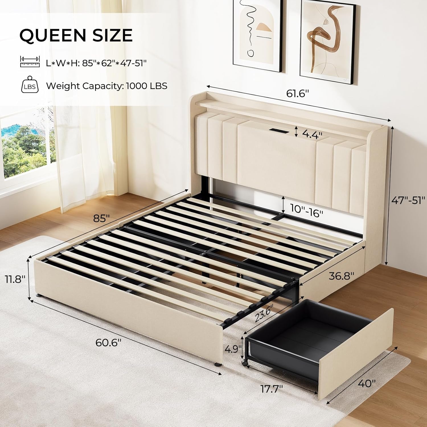 Queen Bed Frame with Storage, Tall Headboard Upholstered Platform Bed with 4 Dustproof Drawers, 2-Tier Storage Headboard Wingback, LED Light & Charging Station, 47''-51'' Height Adjust, Beige