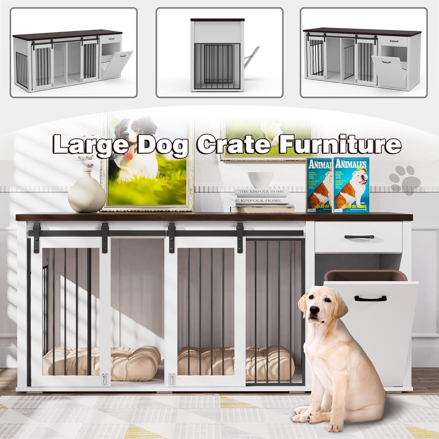 Large Dog Crate Furniture Large Breed,71 Inch Wooden Dog Crate with Tilt Out Trash Cabinet,Drawers,Divider and Sliding Barn Door, Double Doors Dogs Crate for 2 Dogs (White)