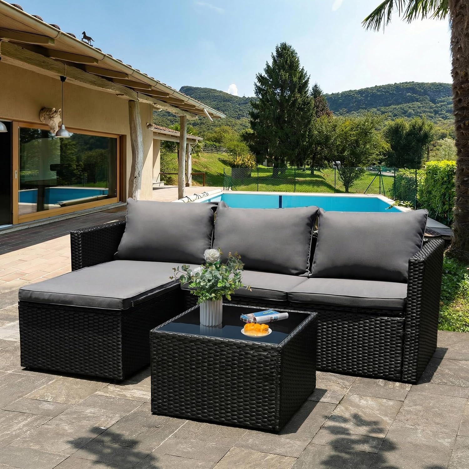 4 Pieces Patio Furniture Sets, Outdoor Sofa Patio Sectional Sets All Weather, 2-In-1 Wicker Rattan Seating Sofa Couch with Cushions & Coffee Table for Yard, Garden, Porch, Poolside (Gray)