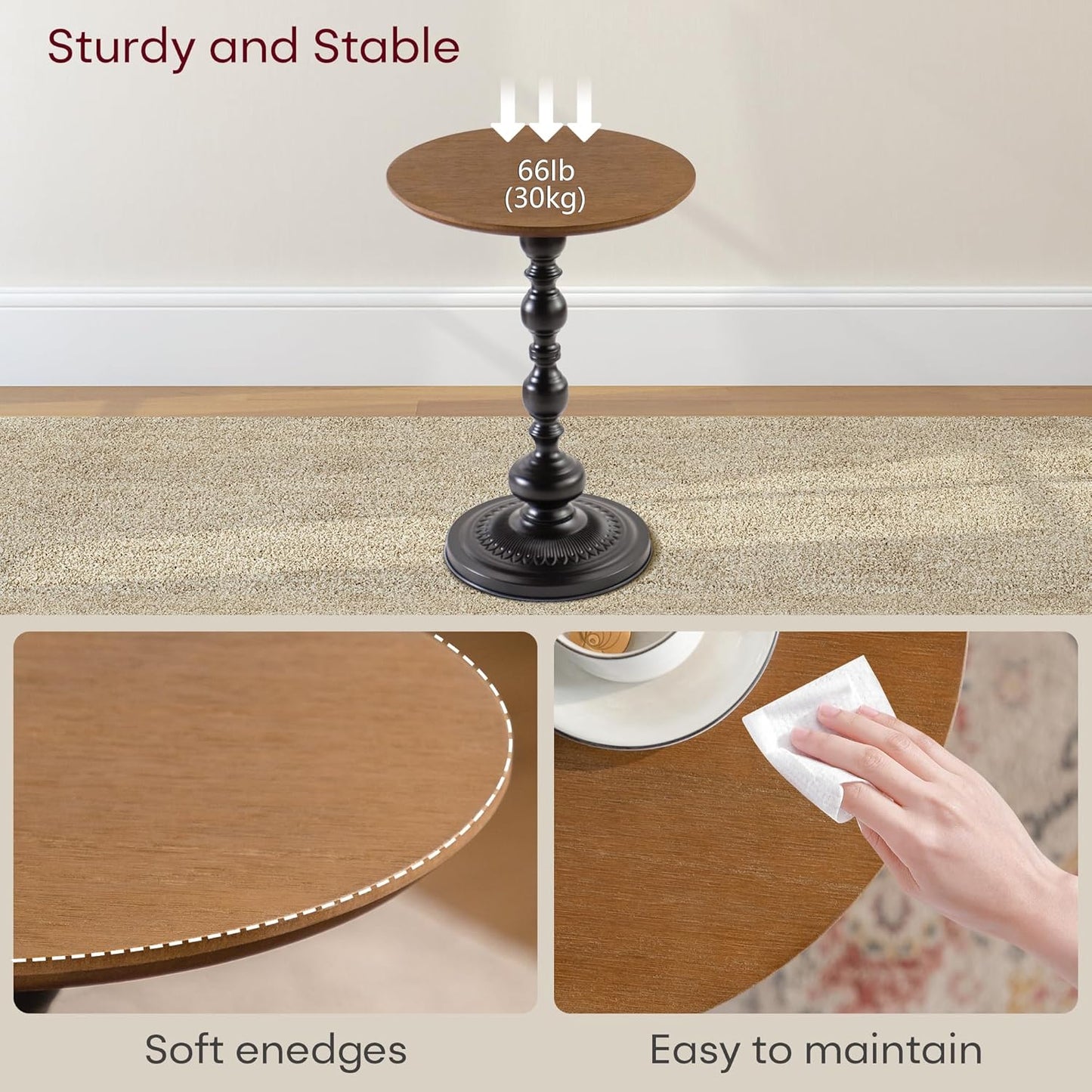 Round End Table, Framhose Small Side Table with Wood Top and Black Base, Pedestal Table for Living Room Corners Bedroom Patio and Bar（20" Hight）
