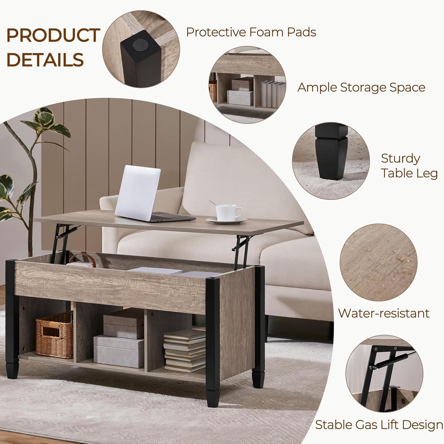 Gray Coffee Table, Lift Top Coffee Table with Hidden Compartment & Shelf, Lift up Dining Table for Living Room Reception, Retro Central Table with Wooden Lift Tabletop, 41 Inch L