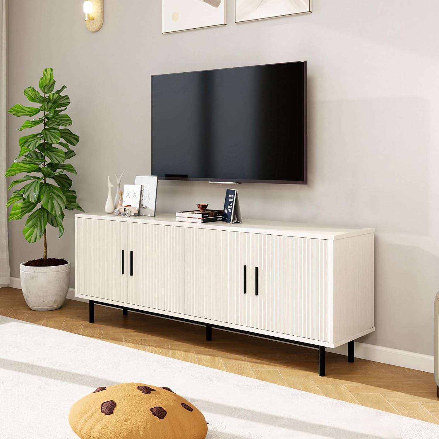 70" Modern TV Stand for Televisions up to 80 Inch, Entertainment Center with Storage, Cabinet with Fluted Door and Adjustable Shelf, Console Table and Media Furniture for Living Room, White