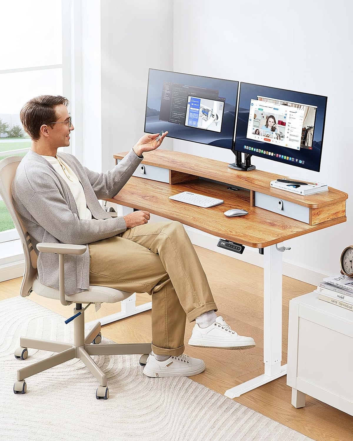 60″ X 30″ Electric Standing Desk with 2 Drawers, C-Clamp Mount Compatible, Height Adjustable Computer Desk, Home Office Stand up Desk with 4 Preset Heights & 2 Hooks, Light Vintage