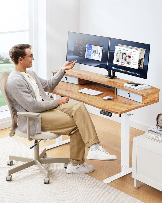 48″ X 24″ Electric Standing Desk with 2 Drawers, C-Clamp Mount Compatible, Height Adjustable Computer Desk, Home Office Stand up Desk with 4 Preset Heights & 2 Hooks, Light Vintage