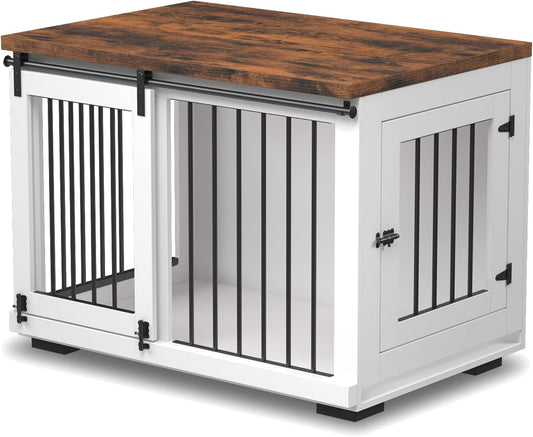 Dog Crate Furniture for Large Dogs up to 60 Lbs. - Barn Door Puppy Kennel W/Thickened Farmhouse Top & Metal Bars - 37'' Wide - White Decorative Modern Dog Crate Table, End Table, Nightstand