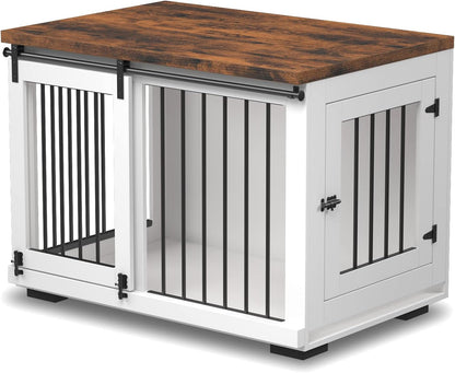 Dog Crate Furniture Barn Door for Medium Dogs up to 40 Lbs. - Puppy Kennel W/Thickened Farmhouse Top & Steel Bars - 30'' Wide - White Decorative Modern Dog Crate Table, End Table, Nightstand