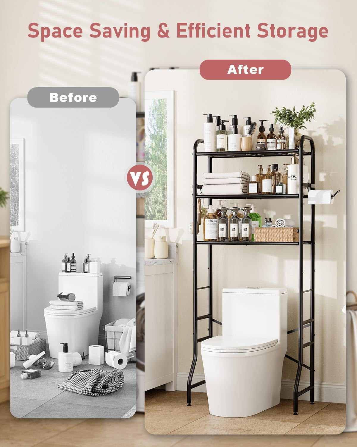 Over the Toilet Storage Rack, 3-Tier Metal Bathroom Organizer with Hooks, over the Toilet Storage Cabinet, Space Saver Shelf for Bathroom, Black, 23.6" X 13.0" X 63.4"